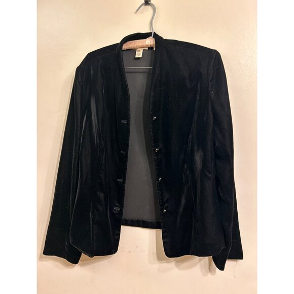 Vintage Black Velvet  Jacket Sz 11/12 Open  Front Braided Trim Lined Blazer Form - Picture 1 of 15